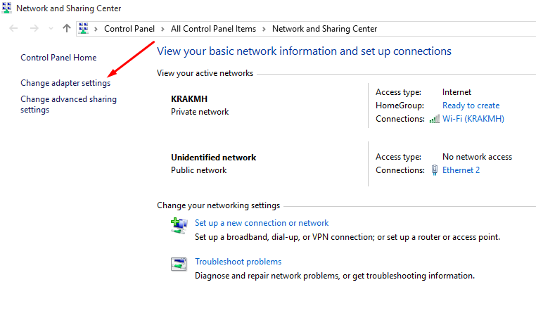change network adapter settings
